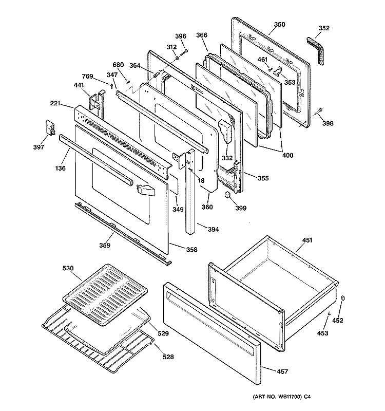 DOOR & DRAWER PARTS Diagram and Parts List for JBP78BY2  General Electric Range