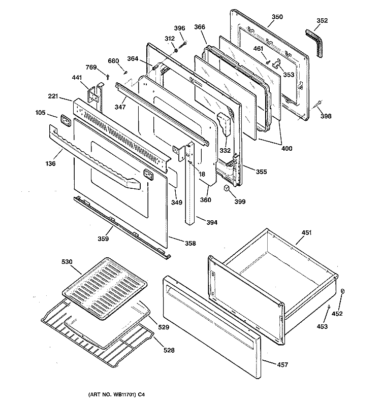 DOOR & DRAWER PARTS Diagram and Parts List for JBP79WY2  General Electric Range