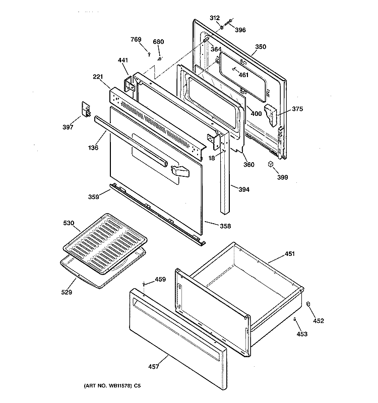 DOOR & DRAWER PARTS Diagram and Parts List for JBS27AY2  General Electric Range