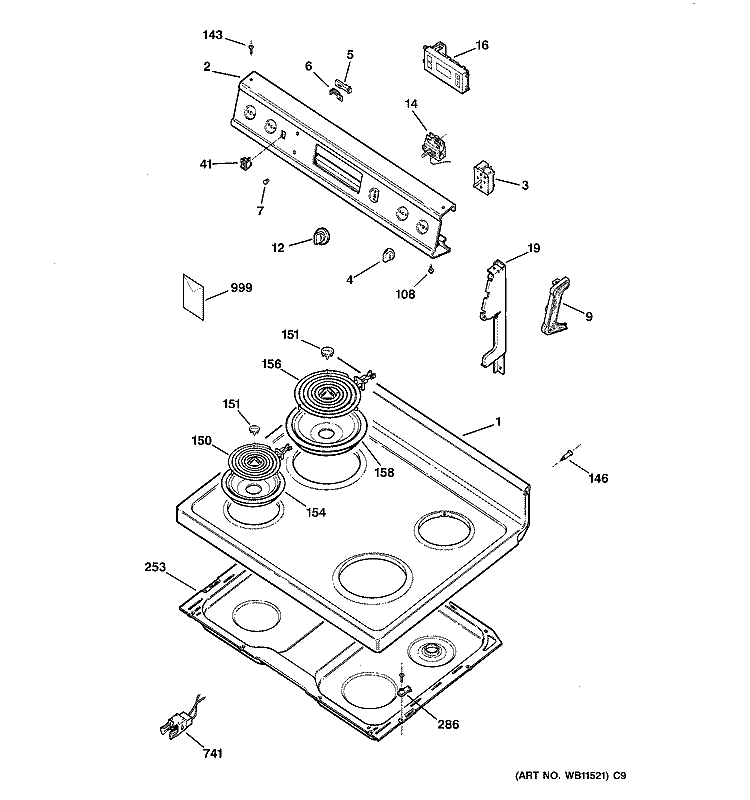 CONTROL PANEL & COOKTOP Diagram and Parts List for JBS26W4  General Electric Range