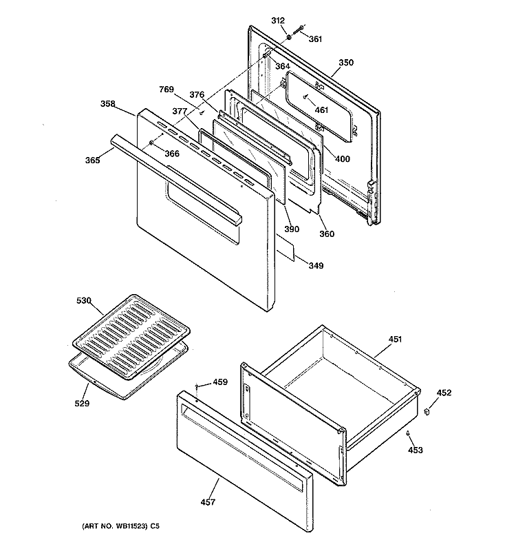 DOOR & DRAWER PARTS Diagram and Parts List for JBS26W4  General Electric Range