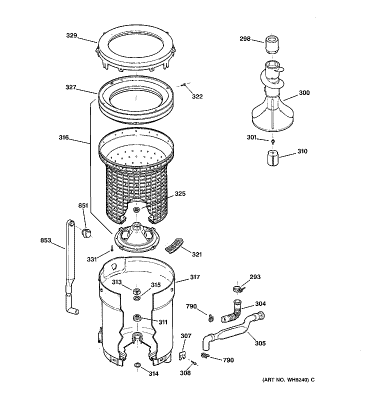 TUB, BASKET & AGITATOR Diagram and Parts List for WIST208JT6WW  General Electric Washer