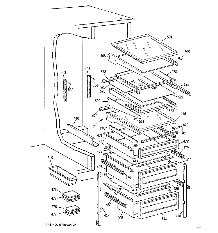FRESH FOOD SHELVES Diagram and Parts List for TFJ28PFZAWW  General Electric Refrigerator