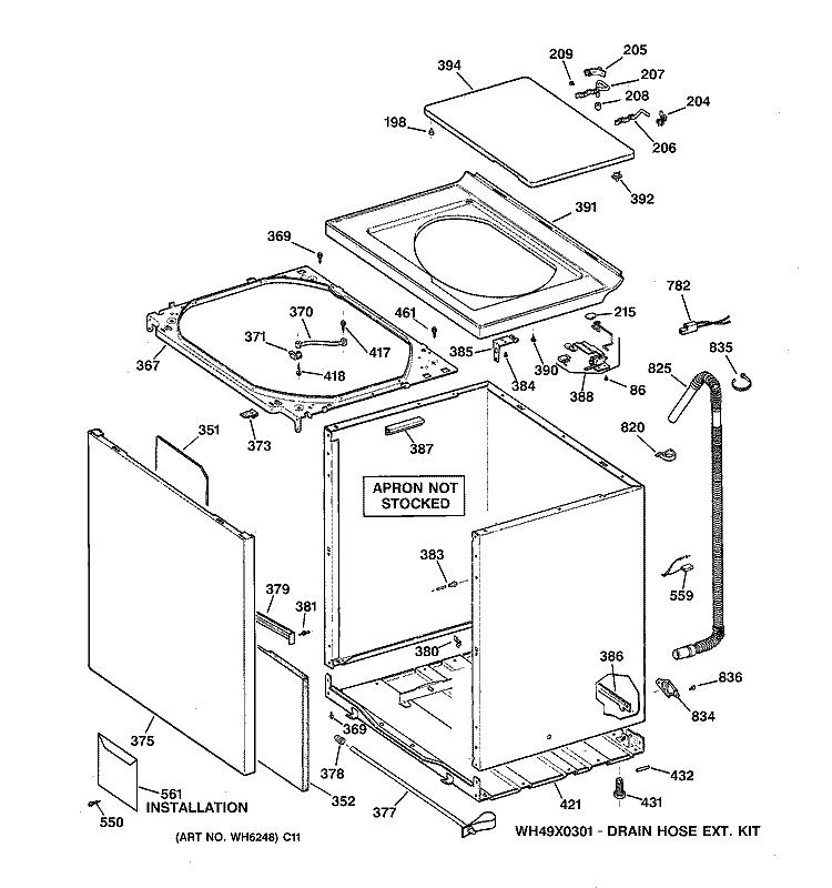 CABINET, COVER & FRONT PANEL Diagram and Parts List for WISR106HT8WW  General Electric Washer
