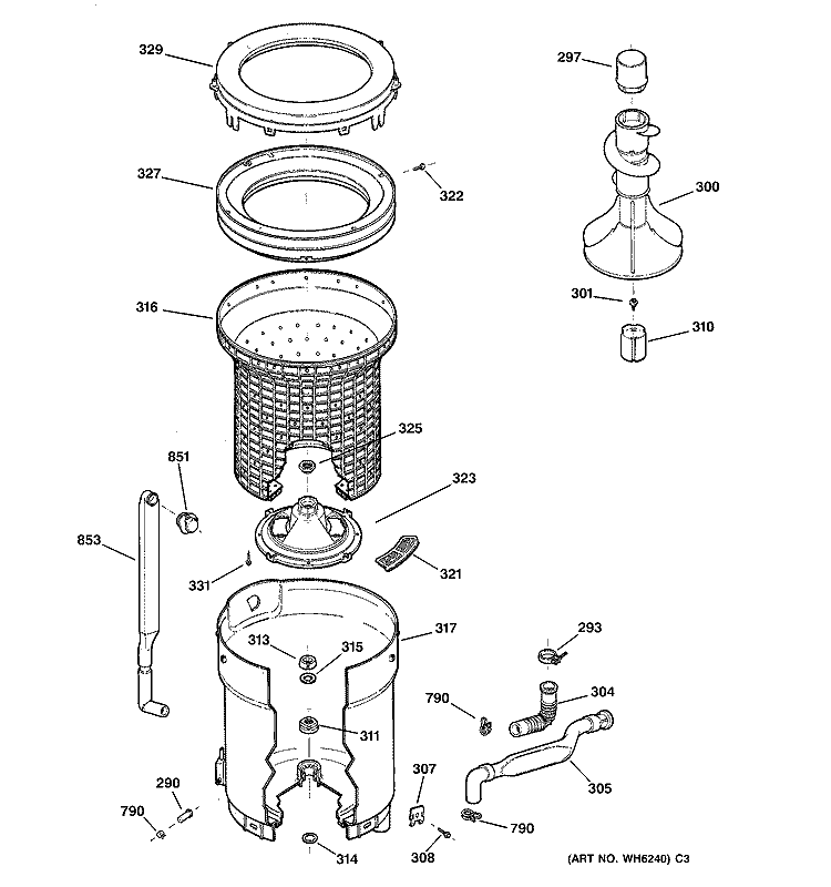 TUB, BASKET & AGITATOR Diagram and Parts List for WCCB1030T8AC  General Electric Washer