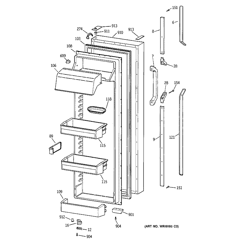 FRESH FOOD DOOR Diagram and Parts List for TFX30PRYFBB  General Electric Refrigerator