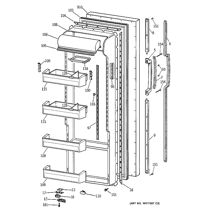 FRESH FOOD DOOR Diagram and Parts List for TPG21JRYFWW  General Electric Refrigerator