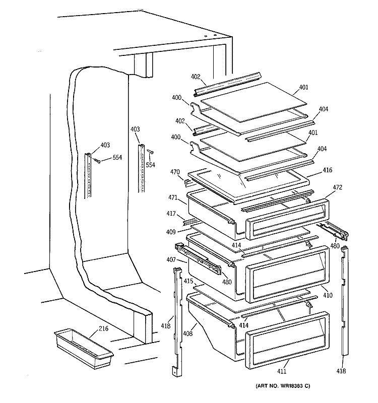 FRESH FOOD SHELVES Diagram and Parts List for TPG21KRYFWW  General Electric Refrigerator