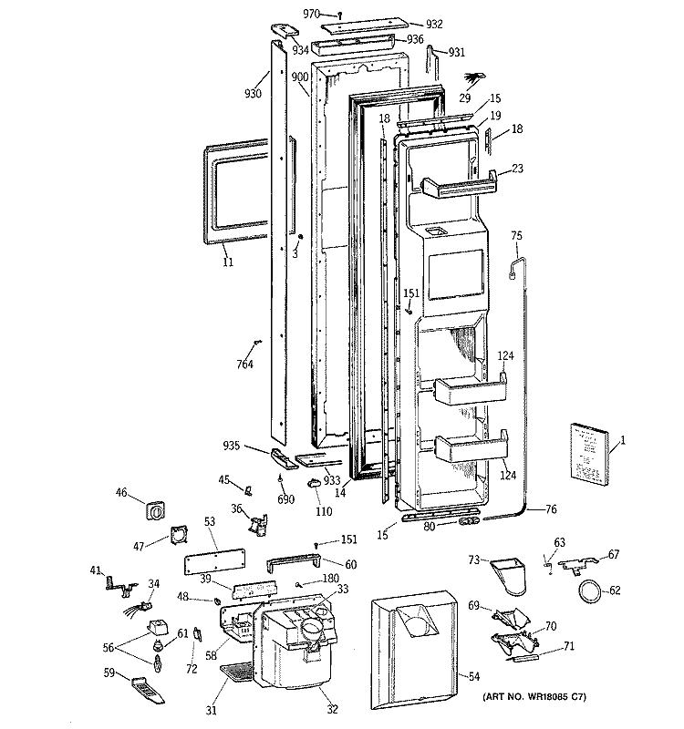 FREEZER DOOR Diagram and Parts List for TPG21BRXFBB  General Electric Refrigerator