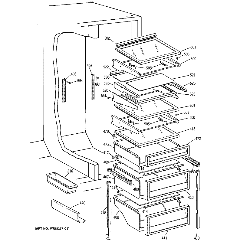 FRESH FOOD SHELVES Diagram and Parts List for TPG21BRXFBB  General Electric Refrigerator