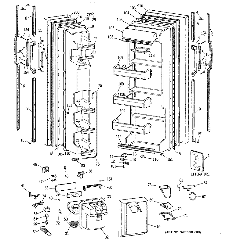 DOORS Diagram and Parts List for TFZ20JRYFWW  General Electric Refrigerator
