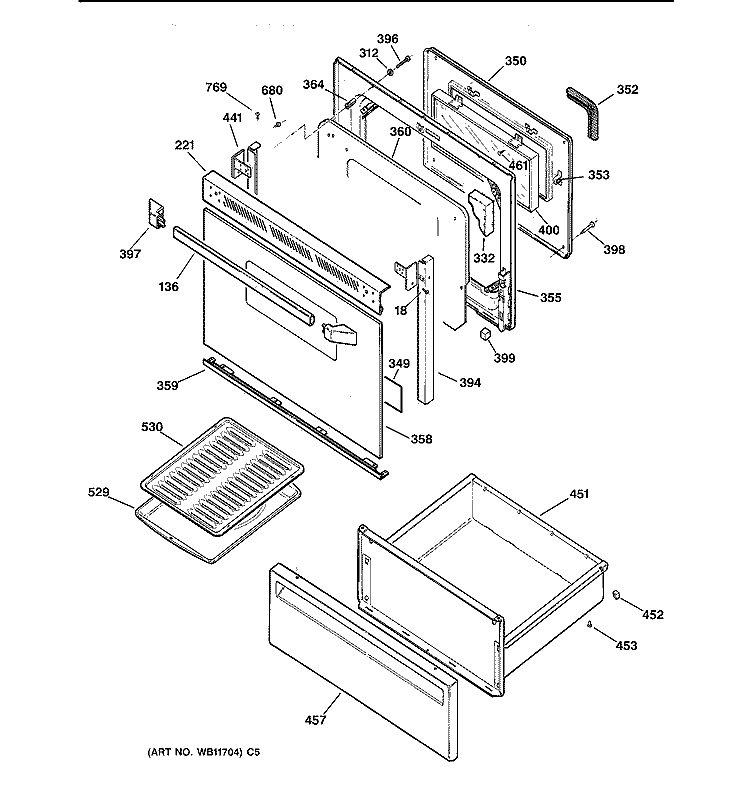 DOOR & DRAWER PARTS Diagram and Parts List for JBP26WY3  General Electric Range