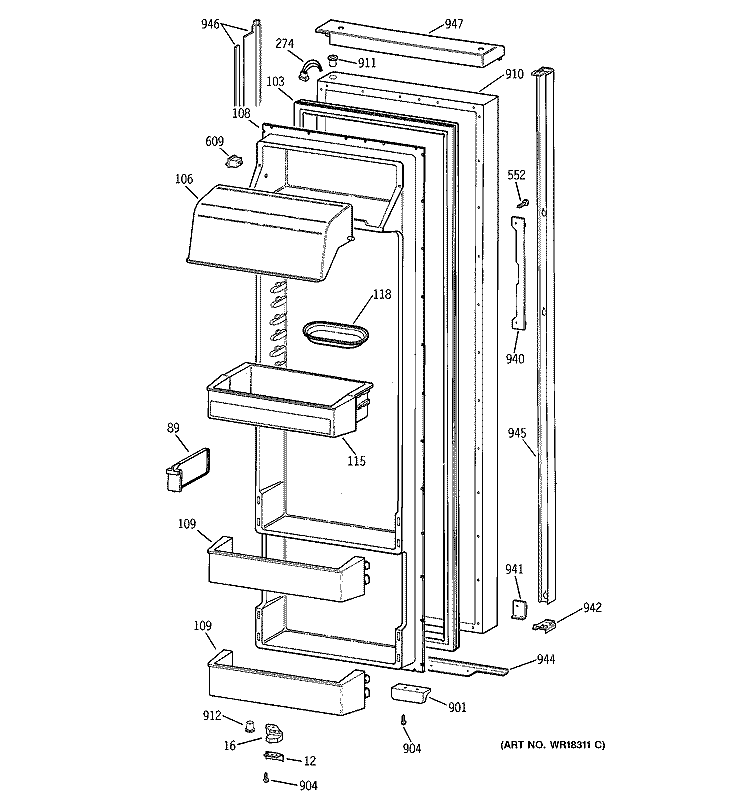 FRESH FOOD DOOR Diagram and Parts List for TPX24BRYFWW  General Electric Refrigerator