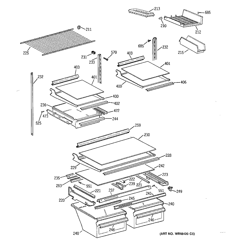 SHELF PARTS Diagram and Parts List for TBX21IAZKRAA  General Electric Refrigerator