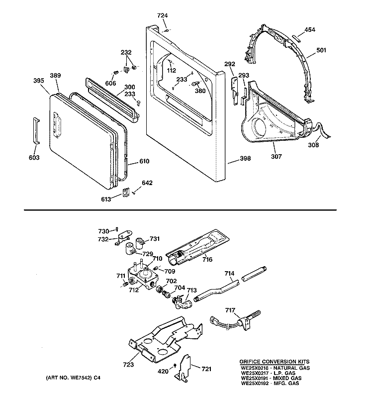CABINET FRONT, GAS VALVE & BURNER ASM. Diagram and Parts List for DBLR333GT1AA  General Electric Dryer