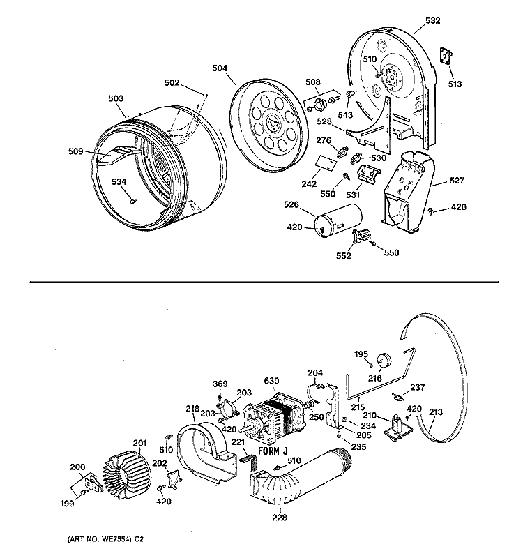 DRUM, DUCT, BLOWER & DRIVE ASM. Diagram and Parts List for DBLR333GT1AA  General Electric Dryer