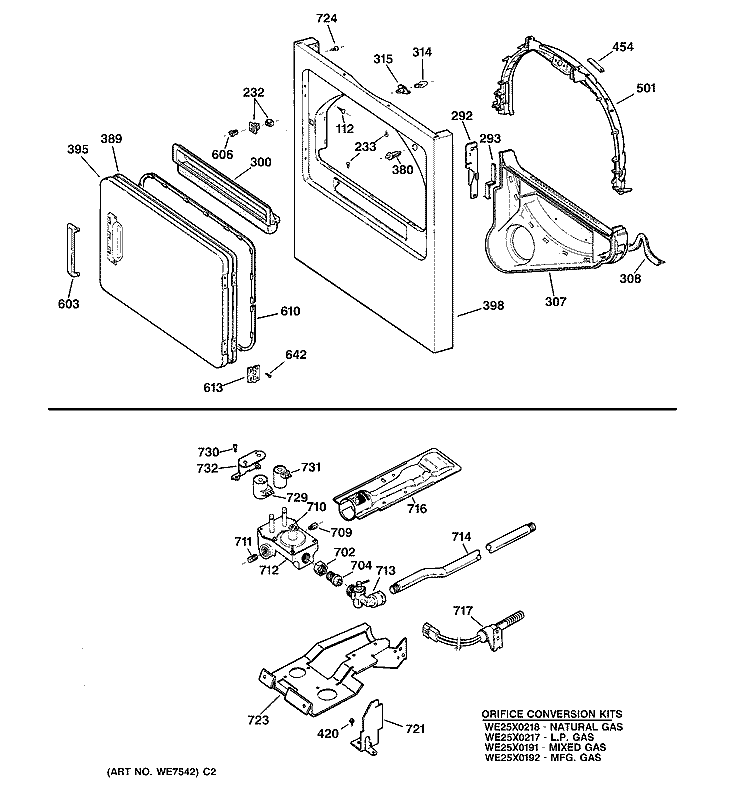 CABINET FRONT, GAS VALVE & BURNER ASM. Diagram and Parts List for DWLR473GT1WB  General Electric Dryer