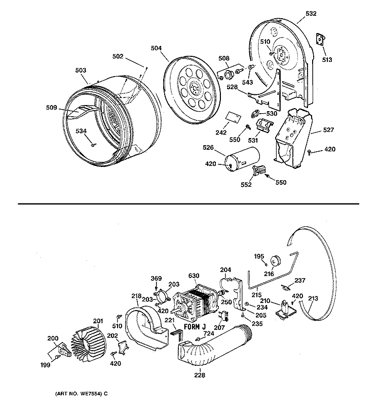 DRUM, DUCT, BLOWER & DRIVE ASM. Diagram and Parts List for DWLR473GT1WB  General Electric Dryer