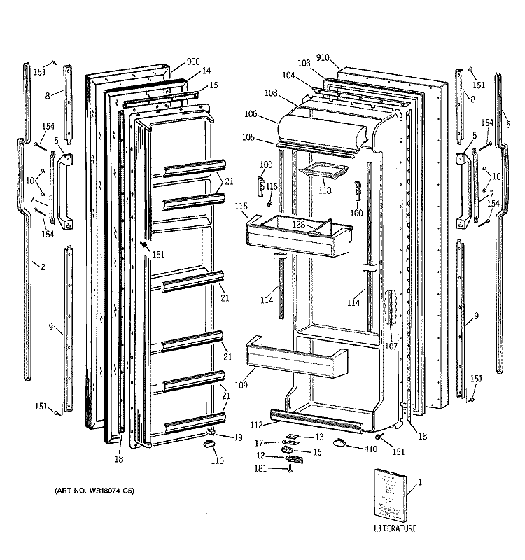 DOORS Diagram and Parts List for TFJ22JAZBWW  General Electric Refrigerator