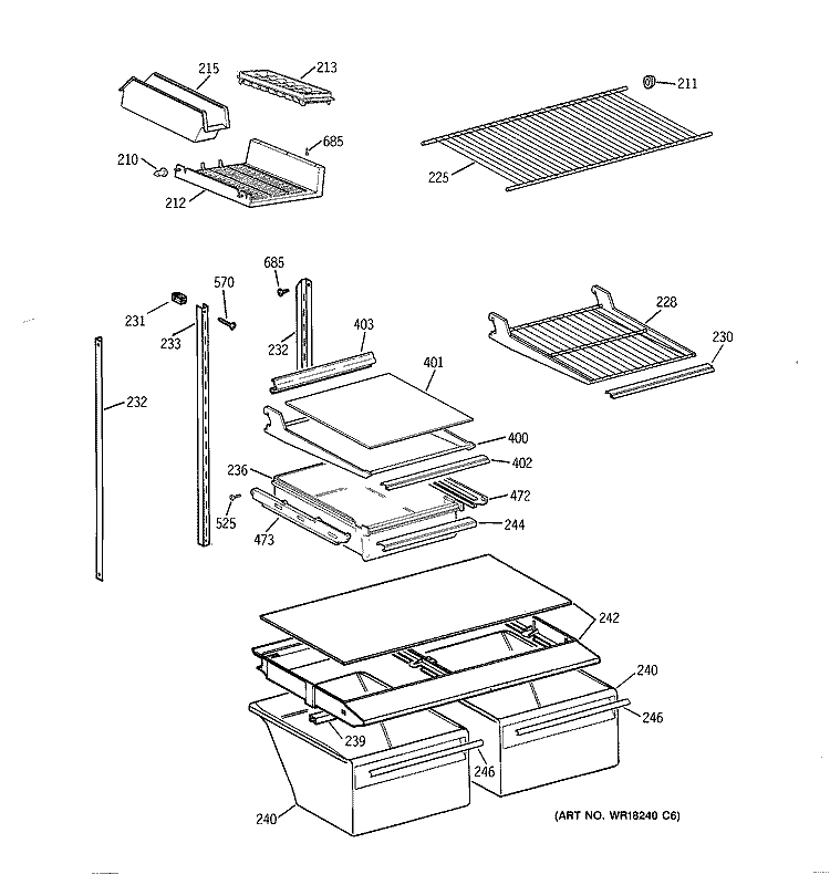 SHELF PARTS Diagram and Parts List for TBH18DAXURWW  General Electric Refrigerator