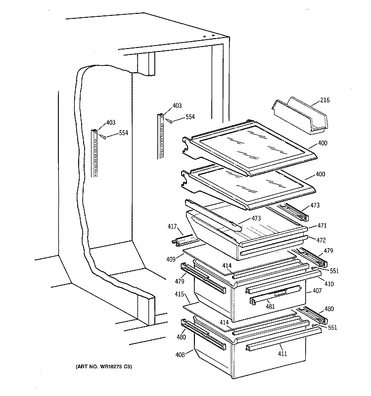 FRESH FOOD SHELVES Diagram and Parts List for TFK28ZRZCAA  General Electric Refrigerator