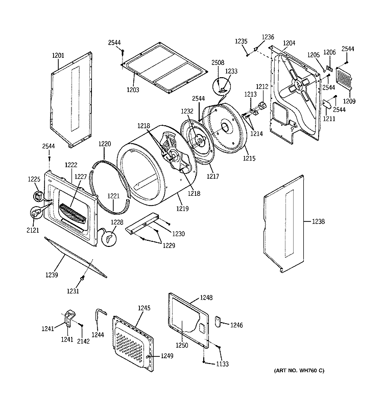 DRYER - CABINET, DRUM & HEATER Diagram and Parts List for WSM2780TBWAB  General Electric Washer Dryer Combo