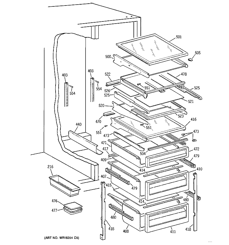 FRESH FOOD SHELVES Diagram and Parts List for TPG24PFZCBB  General Electric Refrigerator