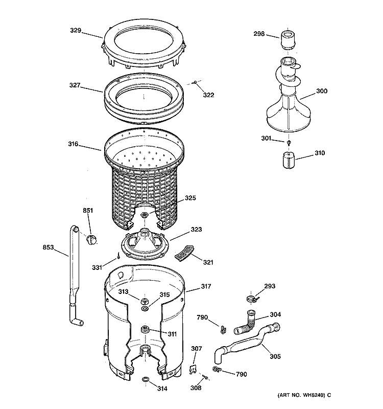 TUB, BASKET & AGITATOR Diagram and Parts List for WWXR4100TAWB  General Electric Washer