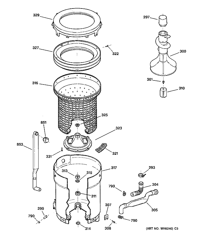 TUB, BASKET & AGITATOR Diagram and Parts List for WISR106HTAWW  General Electric Washer