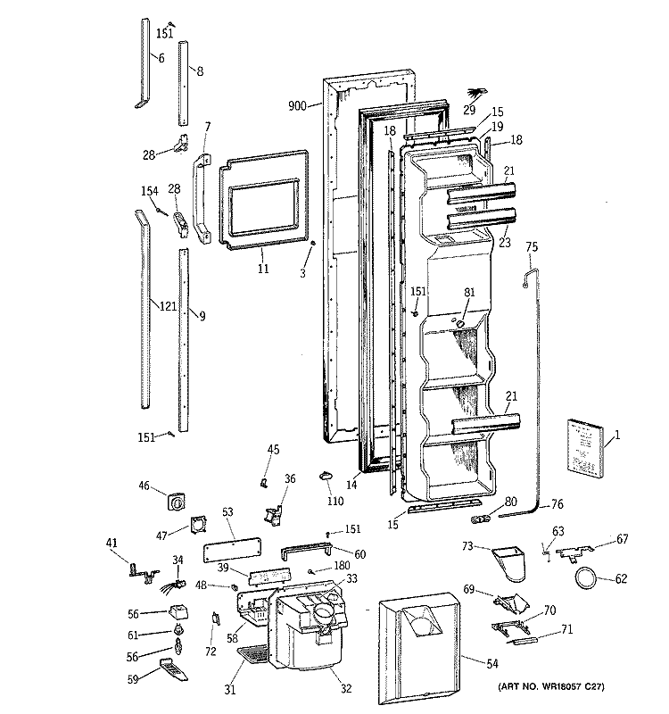 FREEZER DOOR Diagram and Parts List for TFK25PRAAAA  General Electric Refrigerator
