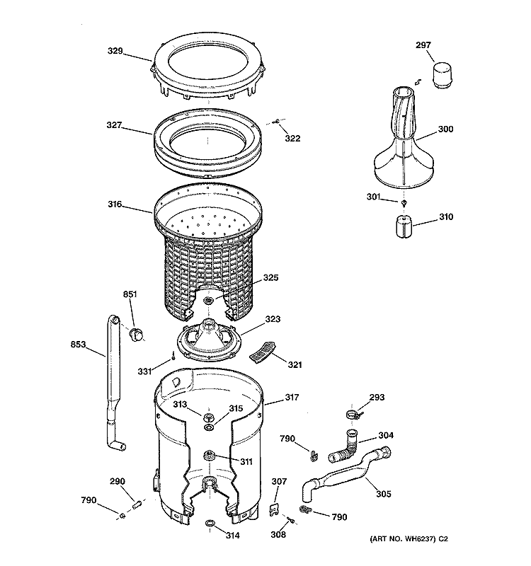 TUB, BASKET & AGITATOR Diagram and Parts List for VBSR1070T3WB  Hotpoint Washer