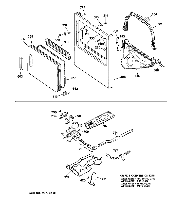 FRONT PANEL, DOOR, GAS VALVE & BURNER ASSEMBLY Diagram and Parts List for NJLR473GT0WW  Hotpoint Dryer