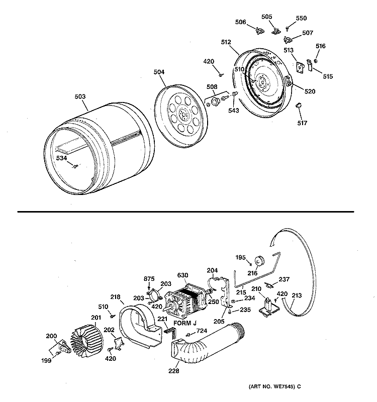 DRUM, BLOWER & DRIVE ASSEMBLY Diagram and Parts List for NJLR473ET0WW  Hotpoint Dryer