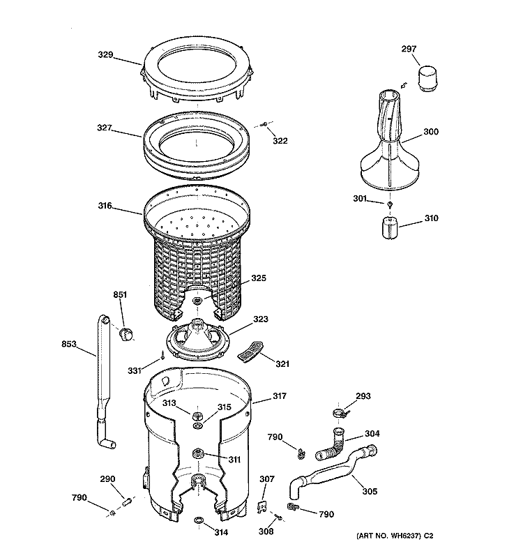 TUB, BASKET & AGITATOR Diagram and Parts List for VBSR1070T5WW  Hotpoint Washer