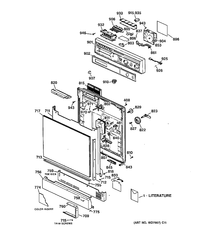 ESCUTCHEON & DOOR ASSEMBLY Diagram and Parts List for HDA930Y-72WW  Hotpoint Dishwasher