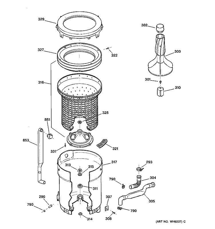 TUB, BASKET & AGITATOR Diagram and Parts List for VBXR2070T6AB  Hotpoint Washer