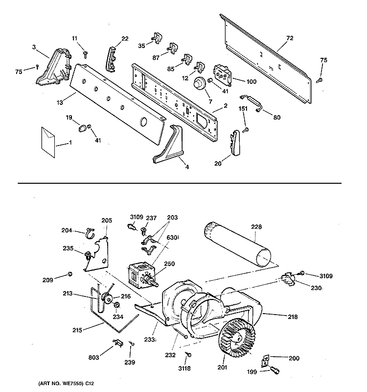BACKSPLASH, BLOWER & DRIVE ASSEMBLY Diagram and Parts List for NWXR473ET3AB  Hotpoint Dryer