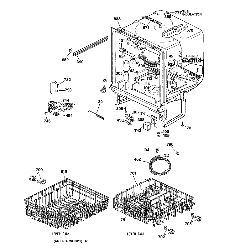 BODY PARTS Diagram and Parts List for HDA300Y-73BA  Hotpoint Dishwasher
