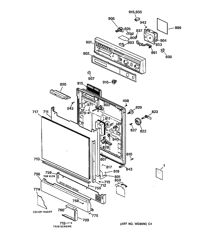 ESCUTCHEON & DOOR ASSEMBLY Diagram and Parts List for HDA200X-73BA  Hotpoint Dishwasher