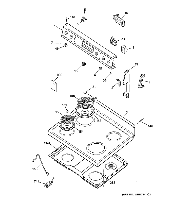 CONTROL PANEL & COOKTOP Diagram and Parts List for RB533GW3  Hotpoint Range