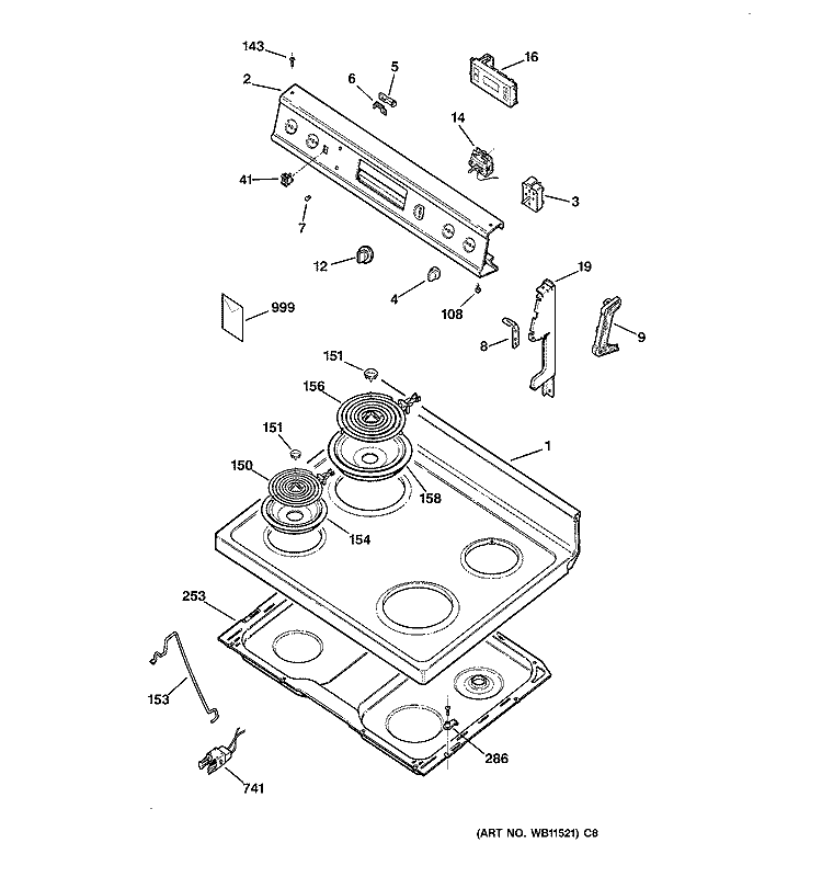 CONTROL PANEL & COOKTOP Diagram and Parts List for RB536GW3  Hotpoint Range