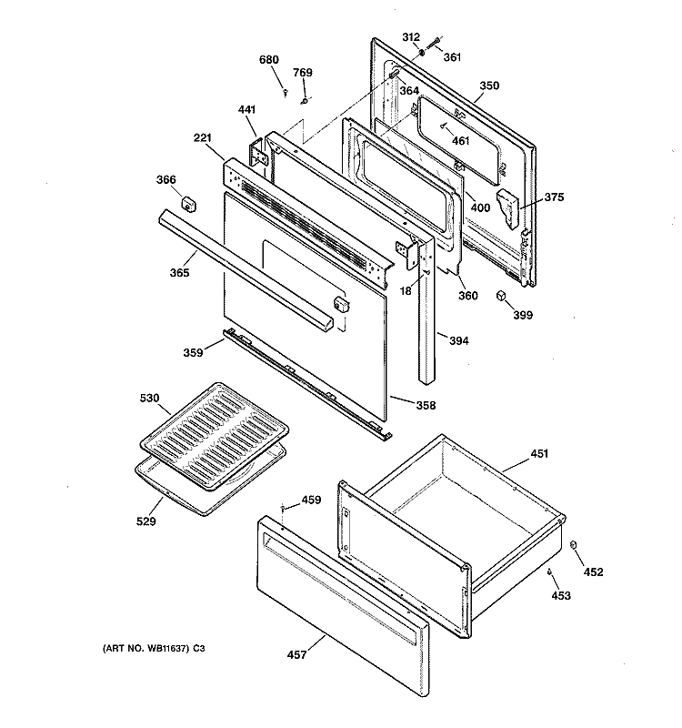 DOOR & DRAWER PARTS Diagram and Parts List for RB536GW3  Hotpoint Range