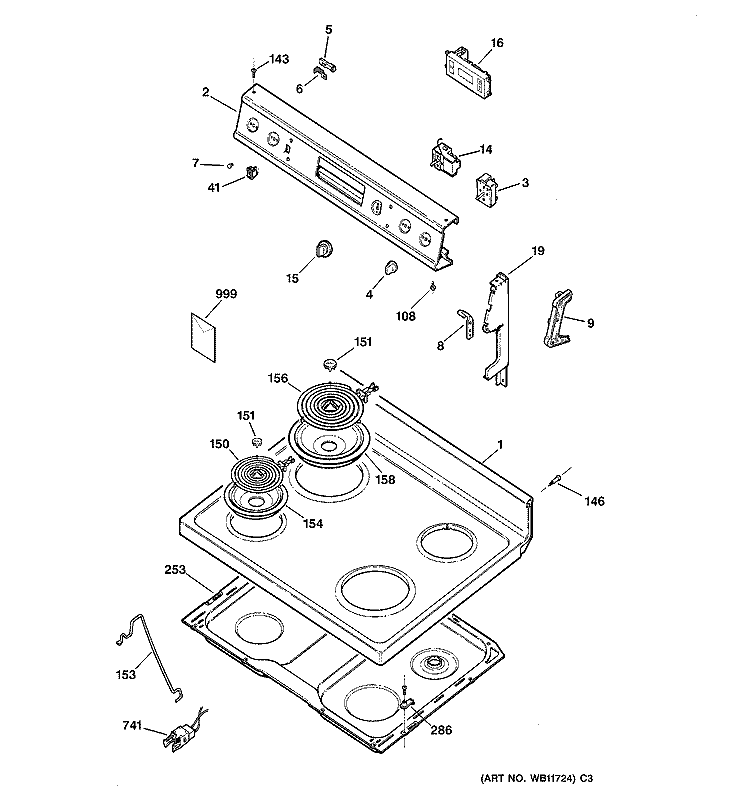 CONTROL PANEL & COOKTOP Diagram and Parts List for RB533GW4  Hotpoint Range