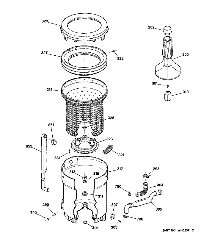 TUB, BASKET & AGITATOR Diagram and Parts List for VBXR1060T8AB  Hotpoint Washer