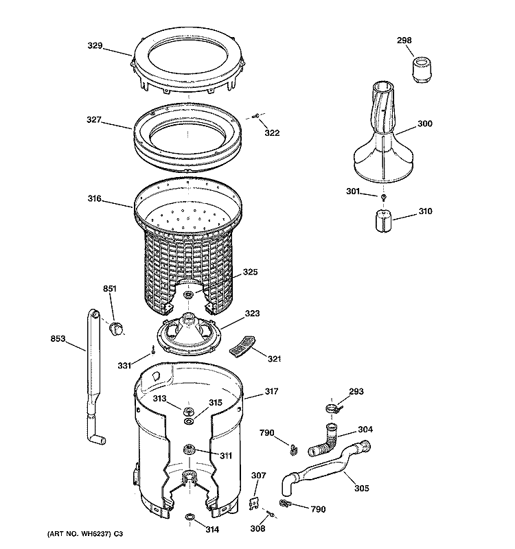 TUB, BASKET & AGITATOR Diagram and Parts List for YWSR2100T5WW  General Electric Washer
