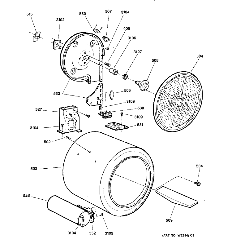 DRUM Diagram and Parts List for BWXR473GT3WW  General Electric Dryer
