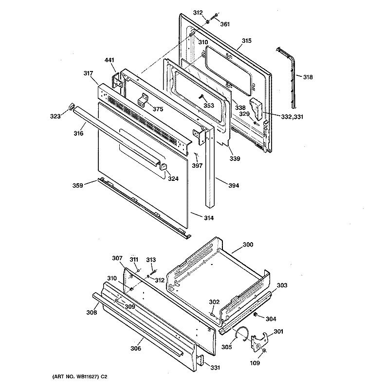 DOOR & DRAWER PARTS Diagram and Parts List for LGB126GEV3WH  General Electric Range