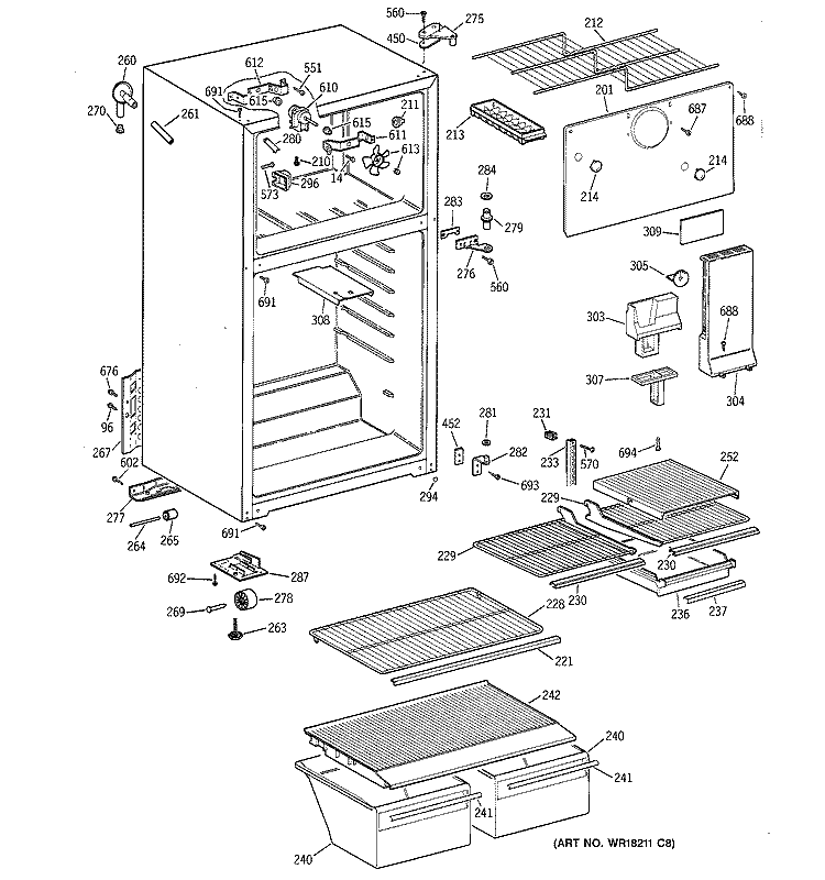 CABINET Diagram and Parts List for MTT16EAZBRAD  General Electric Refrigerator
