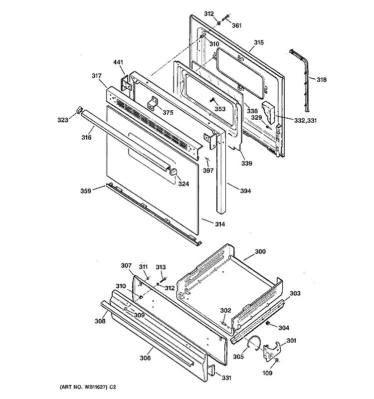 DOOR & DRAWER Diagram and Parts List for LGB146GEV5WH  General Electric Range