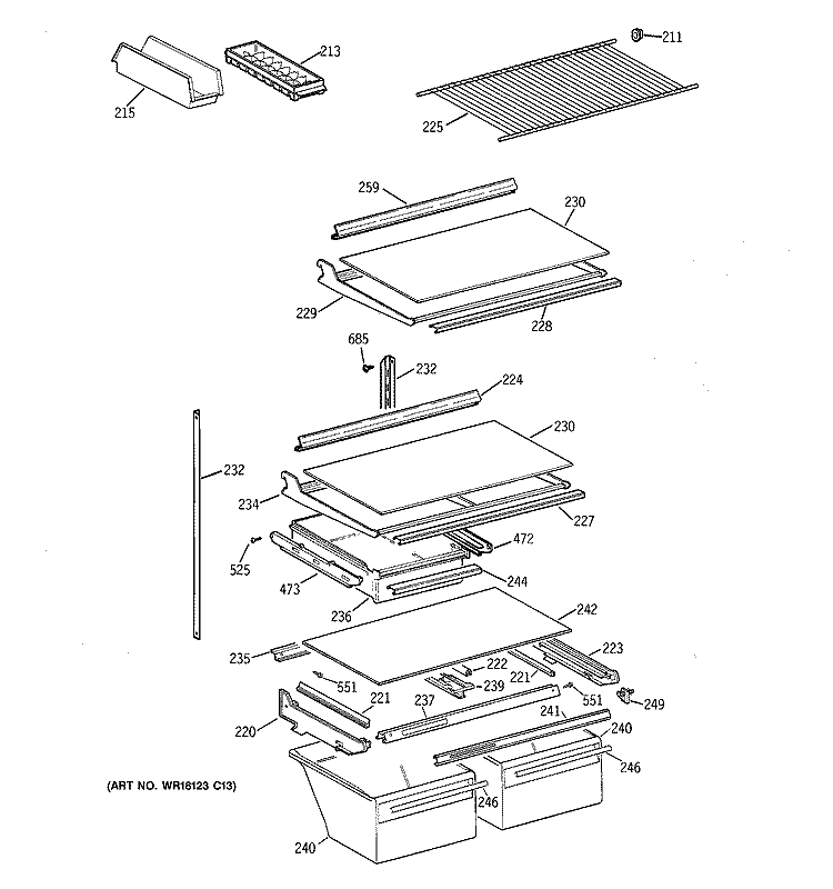 SHELF PARTS Diagram and Parts List for MTK21GAXMRAA  General Electric Refrigerator